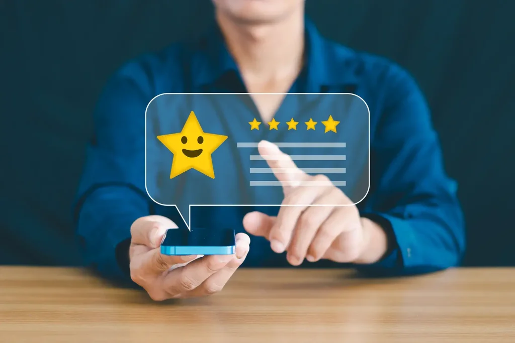 Commercial Waterproofing Services in New York - A Woman Pointing at a Hologram of a Five Star Review
